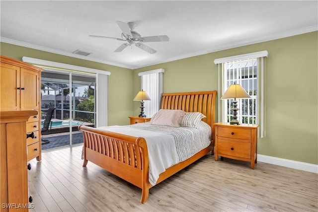 bedroom featuring access to exterior, ceiling fan, crown molding, and light wood-type flooring