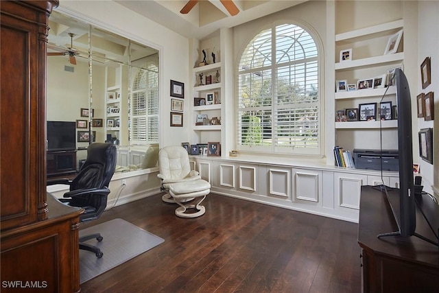 office with ceiling fan, built in features, and dark wood-type flooring