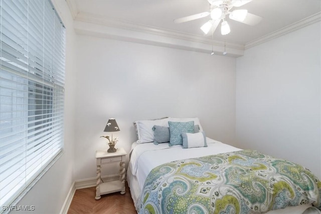 bedroom featuring ceiling fan, ornamental molding, and parquet flooring