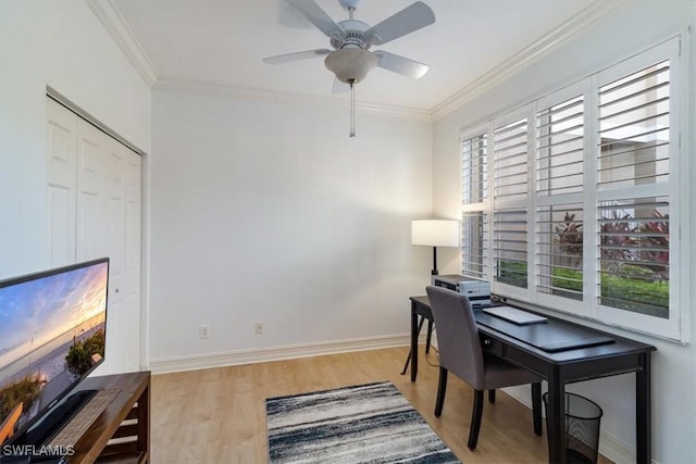 office featuring ceiling fan, light hardwood / wood-style floors, and crown molding