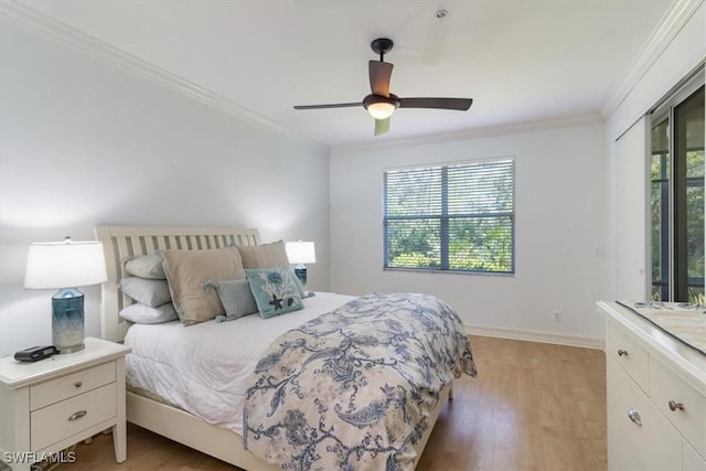 bedroom with ceiling fan, ornamental molding, and light hardwood / wood-style flooring