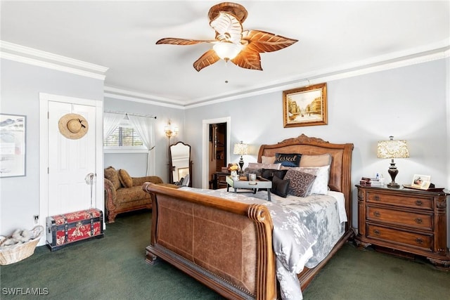 bedroom with crown molding, ceiling fan, and dark colored carpet