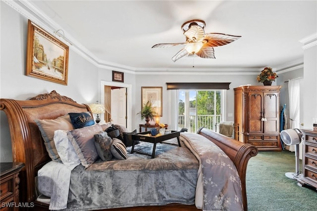 carpeted bedroom with crown molding, access to outside, and ceiling fan