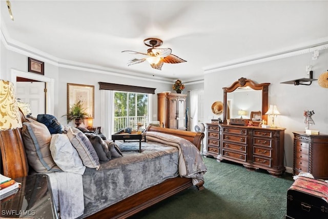 bedroom featuring crown molding, carpet flooring, and ceiling fan