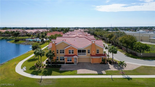 drone / aerial view featuring a water view