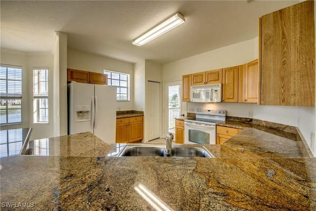 kitchen with sink, white appliances, a healthy amount of sunlight, and kitchen peninsula