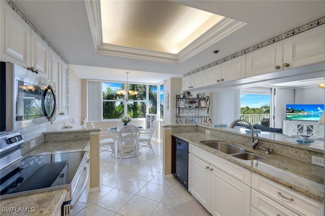 kitchen with white cabinetry, sink, hanging light fixtures, a raised ceiling, and appliances with stainless steel finishes