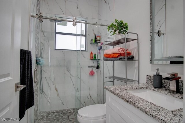 bathroom with vanity, toilet, and an enclosed shower