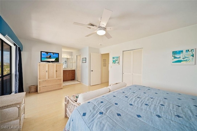 bedroom with ceiling fan, light hardwood / wood-style floors, ensuite bathroom, and a closet