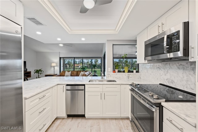 kitchen featuring white cabinets, appliances with stainless steel finishes, backsplash, and a tray ceiling