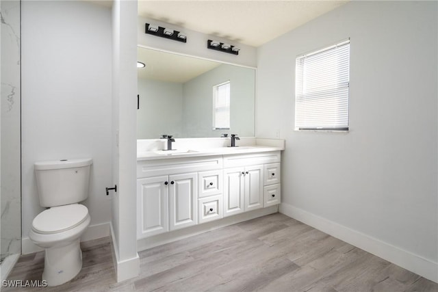 bathroom with hardwood / wood-style flooring, vanity, and toilet