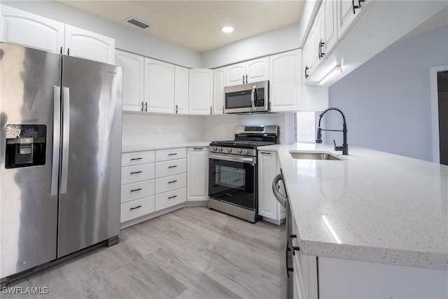 kitchen featuring stainless steel appliances, white cabinetry, sink, and kitchen peninsula