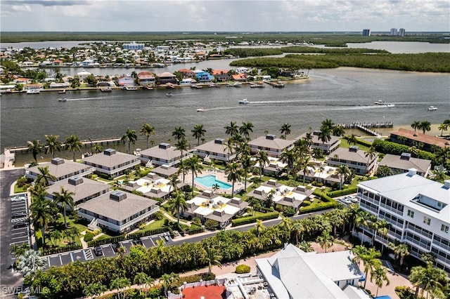 drone / aerial view with a water view