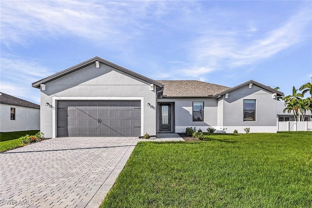 ranch-style home featuring decorative driveway, an attached garage, a front lawn, and stucco siding