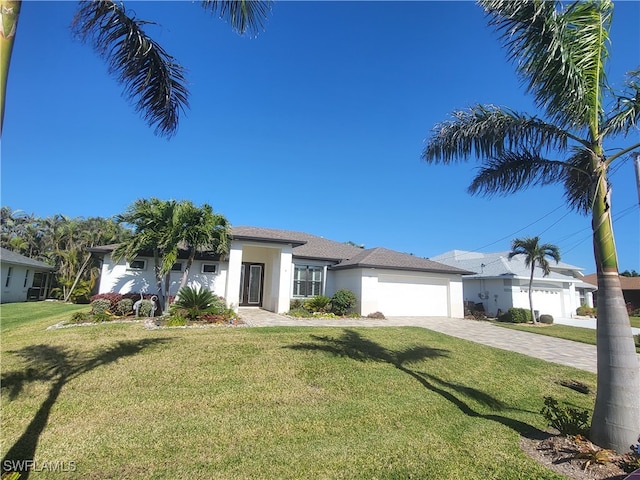 view of front of home with a front yard and a garage