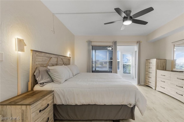 bedroom featuring ceiling fan and light hardwood / wood-style flooring