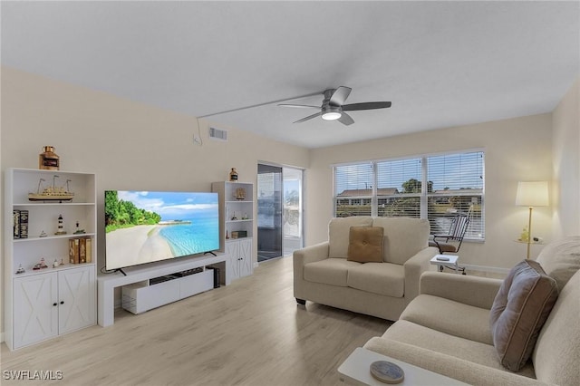 living room featuring ceiling fan and light hardwood / wood-style flooring