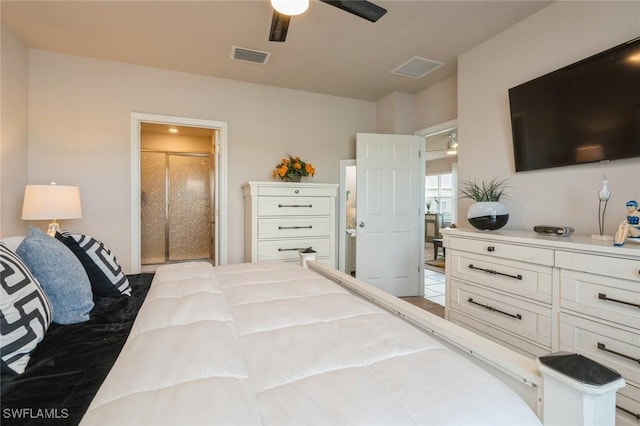 bedroom with ceiling fan and ensuite bathroom