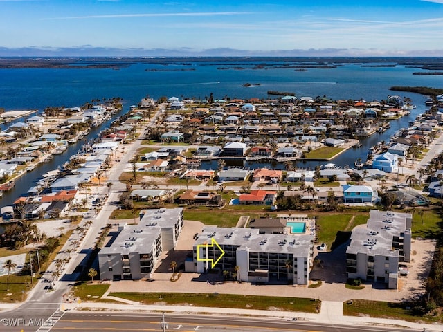 bird's eye view with a water view