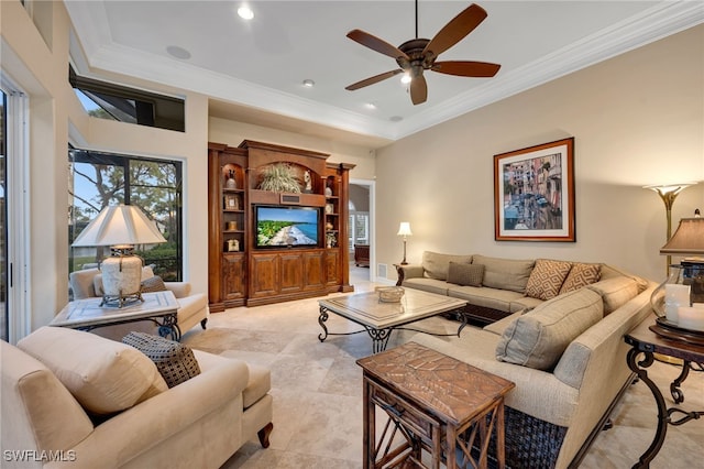 living room featuring light tile patterned floors, ceiling fan, and crown molding