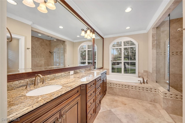 bathroom with vanity, plus walk in shower, an inviting chandelier, tile patterned floors, and crown molding