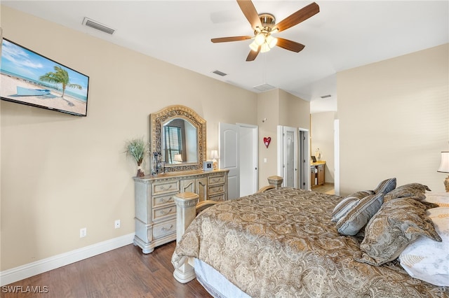 bedroom featuring hardwood / wood-style flooring and ceiling fan