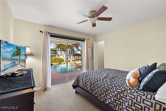 bedroom featuring ceiling fan, light carpet, and access to outside