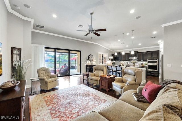 living room with dark hardwood / wood-style flooring, crown molding, lofted ceiling, and ceiling fan