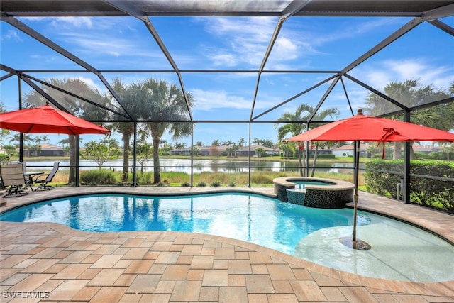 view of swimming pool with a patio area, an in ground hot tub, glass enclosure, and a water view