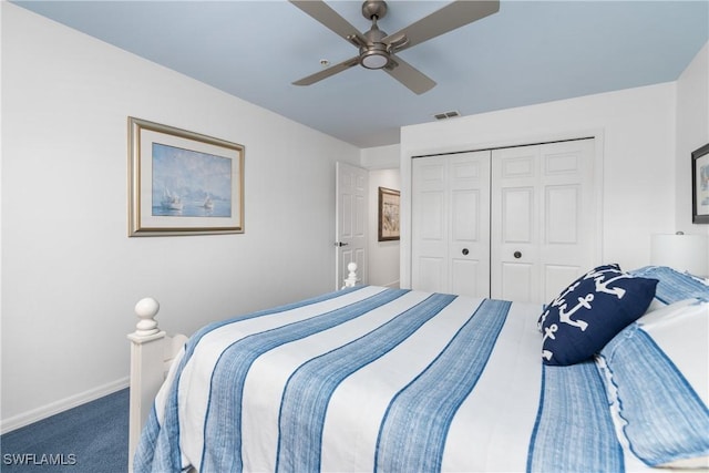 carpeted bedroom featuring ceiling fan and a closet