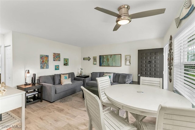 living room with ceiling fan and light hardwood / wood-style floors