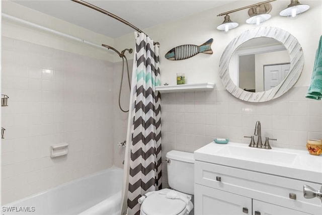 full bathroom with vanity, backsplash, shower / bath combination with curtain, toilet, and tile walls