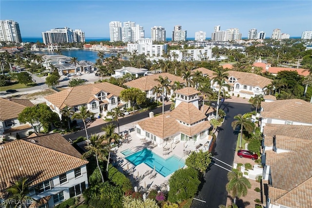 birds eye view of property featuring a water view