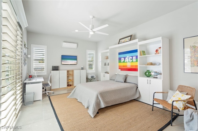 bedroom featuring multiple windows, an AC wall unit, and ceiling fan