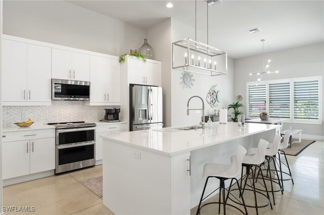 kitchen with white cabinetry, appliances with stainless steel finishes, a kitchen island with sink, and pendant lighting