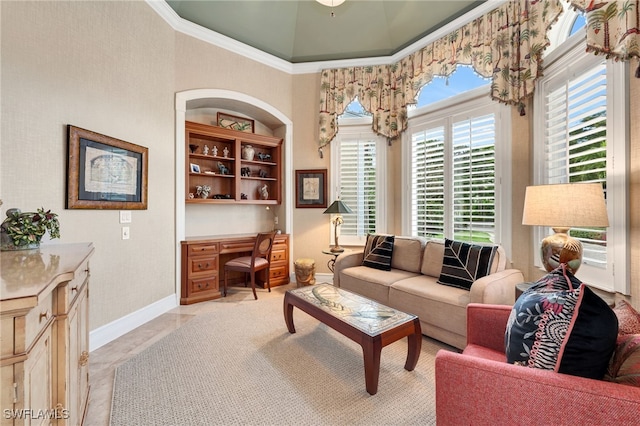 living room with crown molding