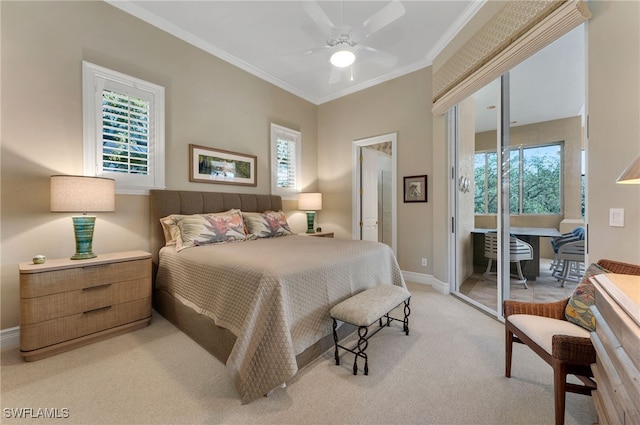 carpeted bedroom featuring ceiling fan, crown molding, and access to outside