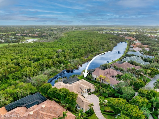 drone / aerial view featuring a water view