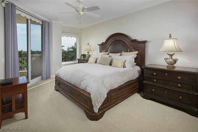 23850 Via Italia Cir Unit 406, Estero, FL 34134 - bedroom featuring light colored carpet, a ceiling fan, baseboards, and crown molding