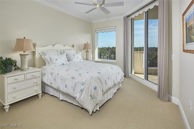 carpeted bedroom with multiple windows, crown molding, and ceiling fan