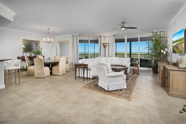 living room featuring ceiling fan with notable chandelier, plenty of natural light, and ornamental molding