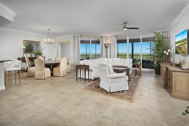 23850 Via Italia Cir Unit 406, Estero, FL 34134 - living room featuring light tile patterned floors, ornamental molding, and ceiling fan with notable chandelier