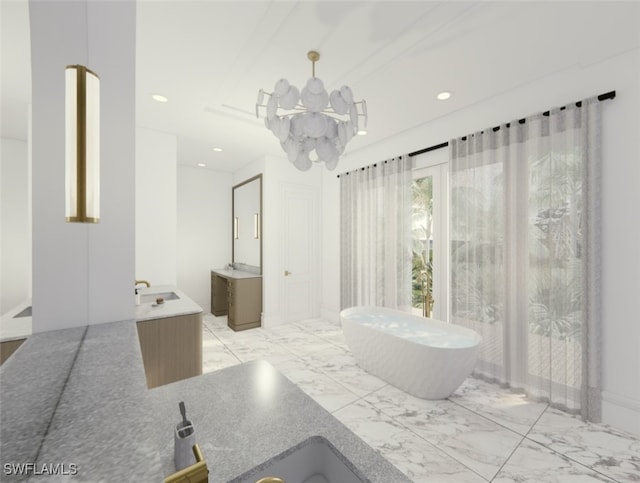 bathroom featuring a washtub and a notable chandelier