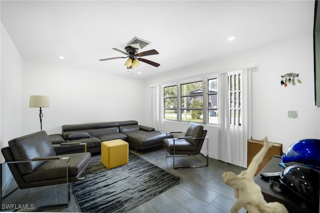 living room featuring ceiling fan