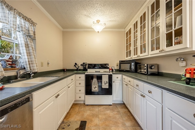 kitchen with dark countertops, black microwave, range with electric stovetop, stainless steel dishwasher, and a sink