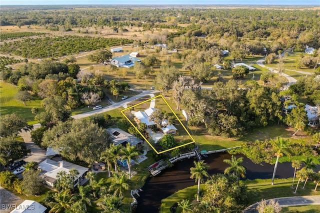 drone / aerial view featuring a forest view and a water view