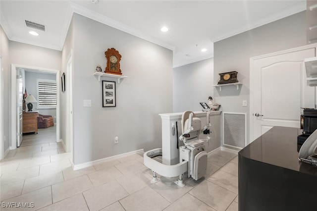 interior space with crown molding and light tile patterned flooring