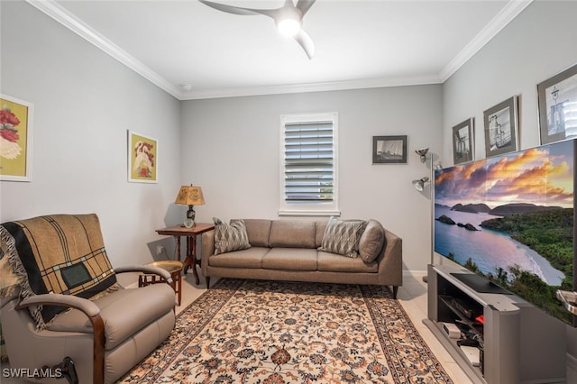 living room with ceiling fan and ornamental molding