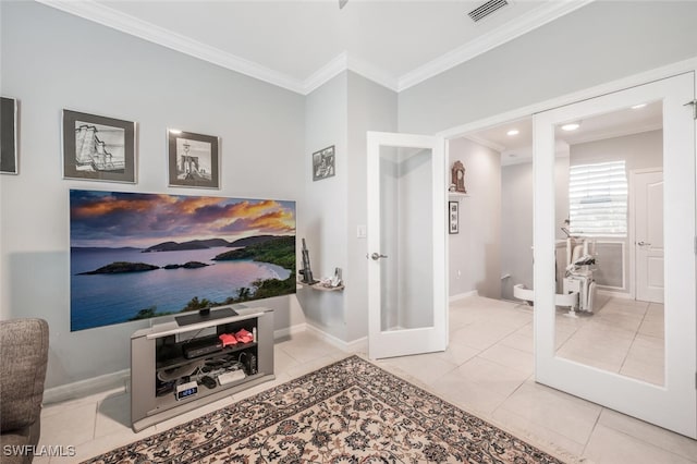 hall featuring light tile patterned floors, french doors, and crown molding