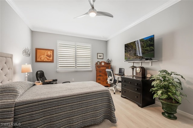 bedroom featuring ceiling fan, light wood-type flooring, and ornamental molding